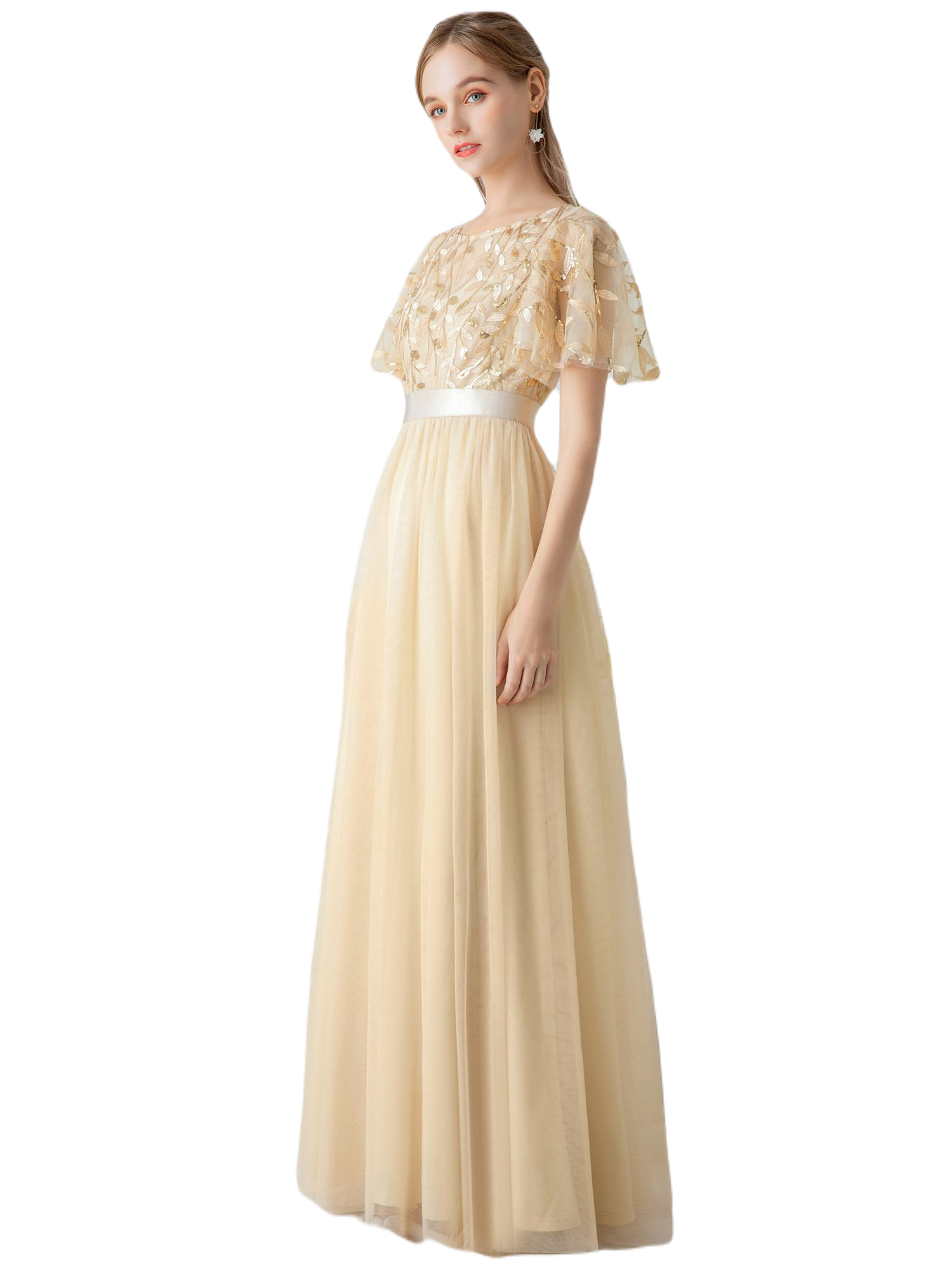 Vestido Elegante de Fiesta Largo Curvy Dorado Beige Cuello Redondo Hojitas Detalles c/Lentejuela Manga Amplia T Ch a Talla Extra