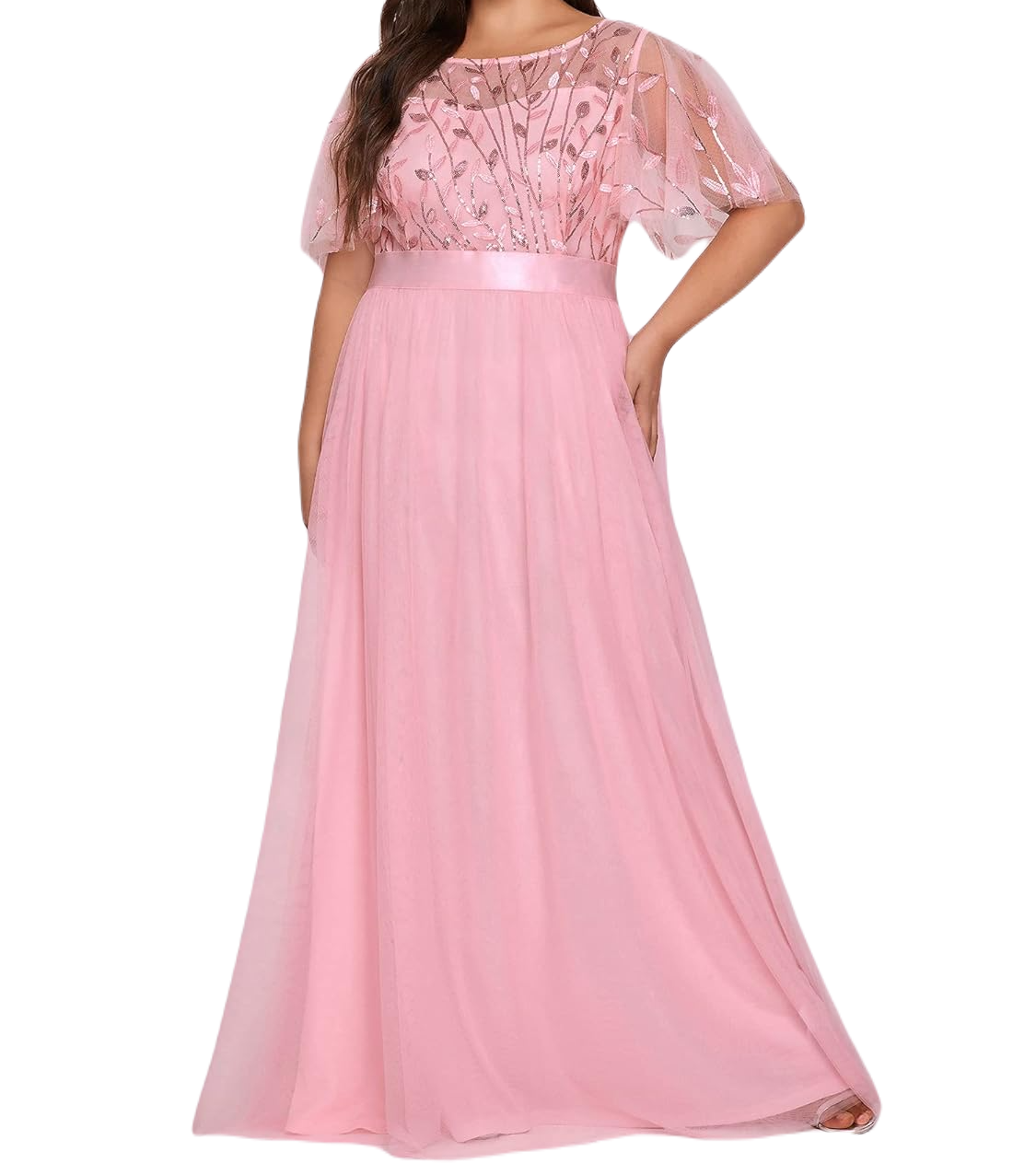 Vestido Elegante de Fiesta Largo Curvy Rosa Palo Cuello Redondo Hojitas Detalles c/Lentejuela Manga Amplia T Ch a Talla Extra