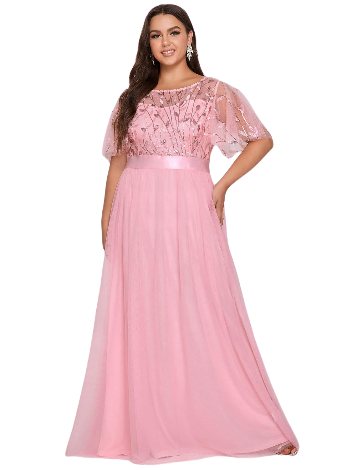 Vestido Elegante de Fiesta Largo Curvy Rosa Palo Cuello Redondo Hojitas Detalles c/Lentejuela Manga Amplia T Ch a Talla Extra