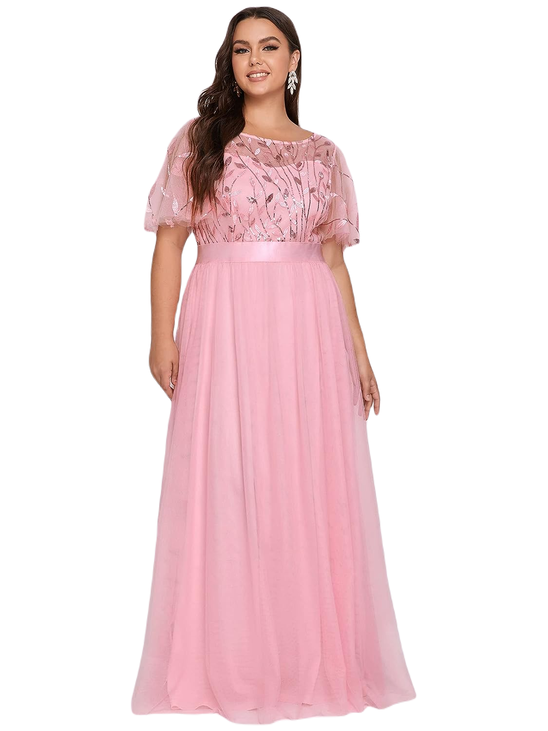Vestido Elegante de Fiesta Largo Curvy Rosa Palo Cuello Redondo Hojitas Detalles c/Lentejuela Manga Amplia T Ch a Talla Extra
