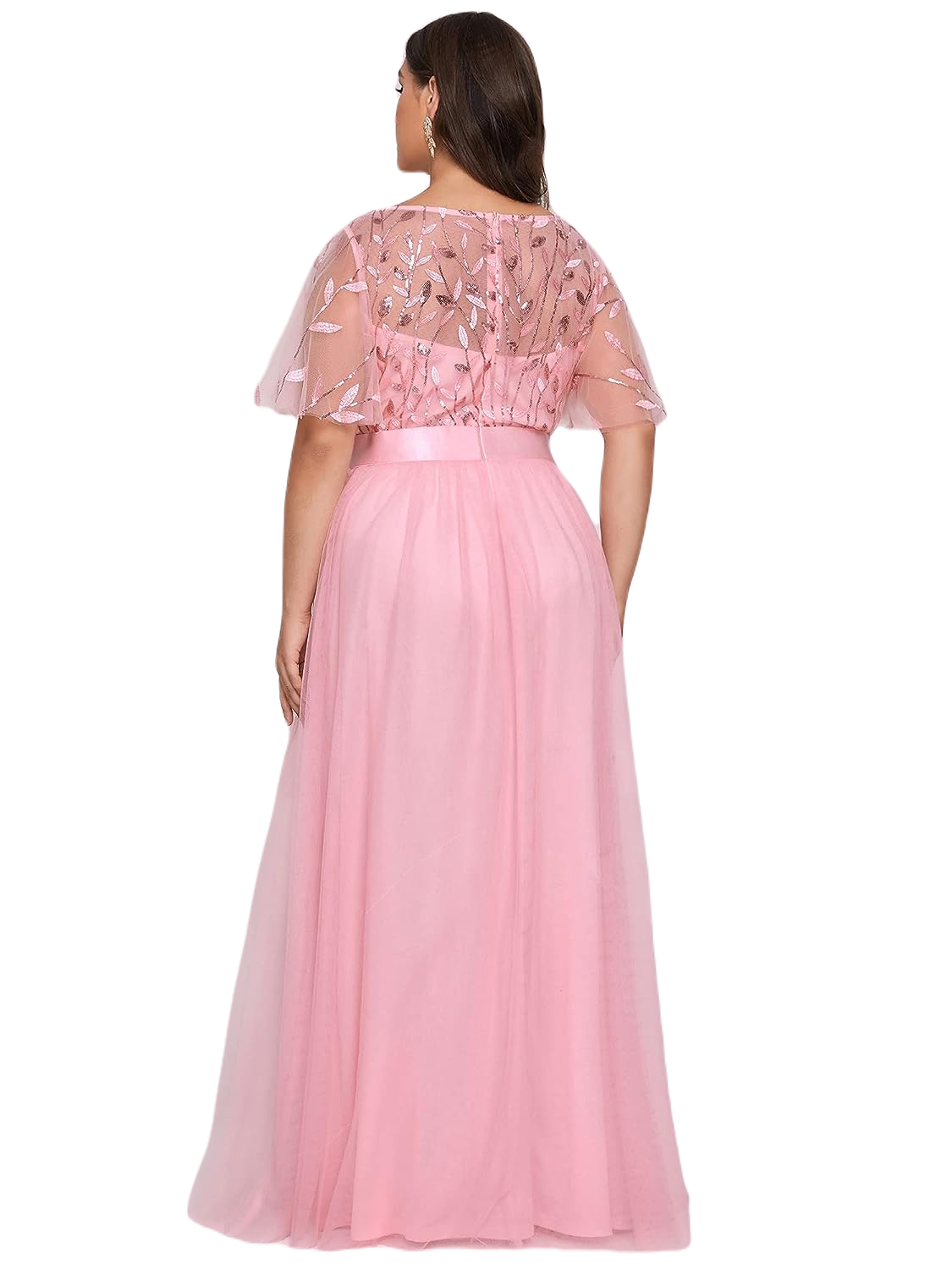 Vestido Elegante de Fiesta Largo Curvy Rosa Palo Cuello Redondo Hojitas Detalles c/Lentejuela Manga Amplia T Ch a Talla Extra