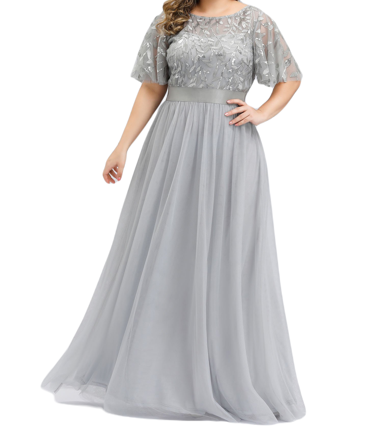 Vestido Elegante de Fiesta Largo Curvy Gris Plata Cuello Redondo Hojitas Detalles c/Lentejuela Manga Amplia T Ch a Talla Extra
