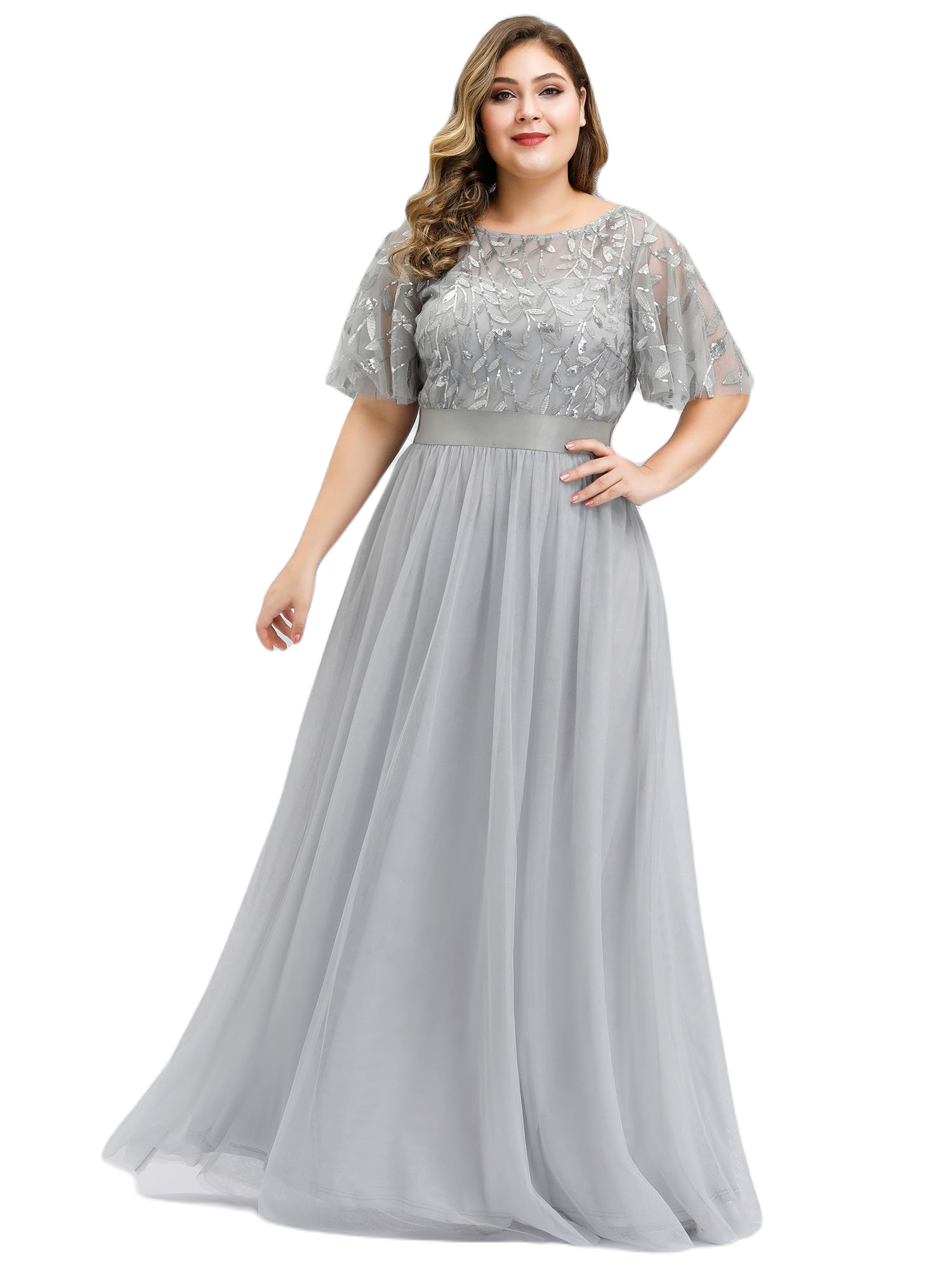 Vestido Elegante de Fiesta Largo Curvy Gris Plata Cuello Redondo Hojitas Detalles c/Lentejuela Manga Amplia T Ch a Talla Extra