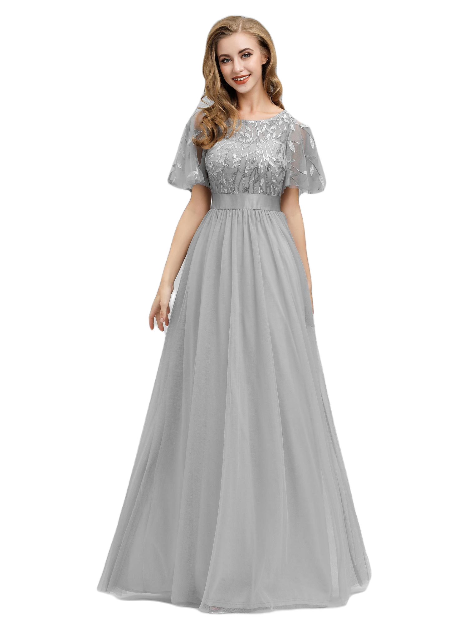 Vestido Elegante de Fiesta Largo Curvy Gris Plata Cuello Redondo Hojitas Detalles c/Lentejuela Manga Amplia T Ch a Talla Extra