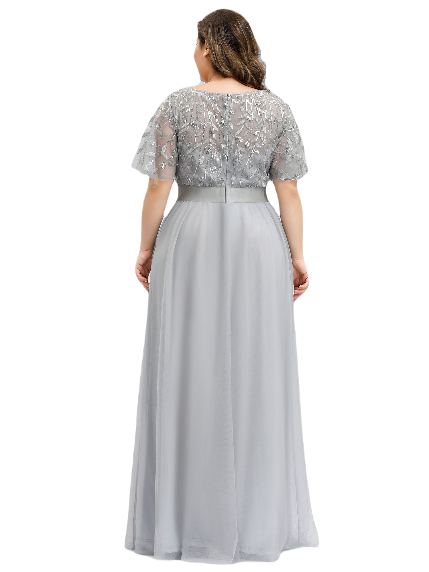 Vestido Elegante de Fiesta Largo Curvy Gris Plata Cuello Redondo Hojitas Detalles c/Lentejuela Manga Amplia T Ch a Talla Extra