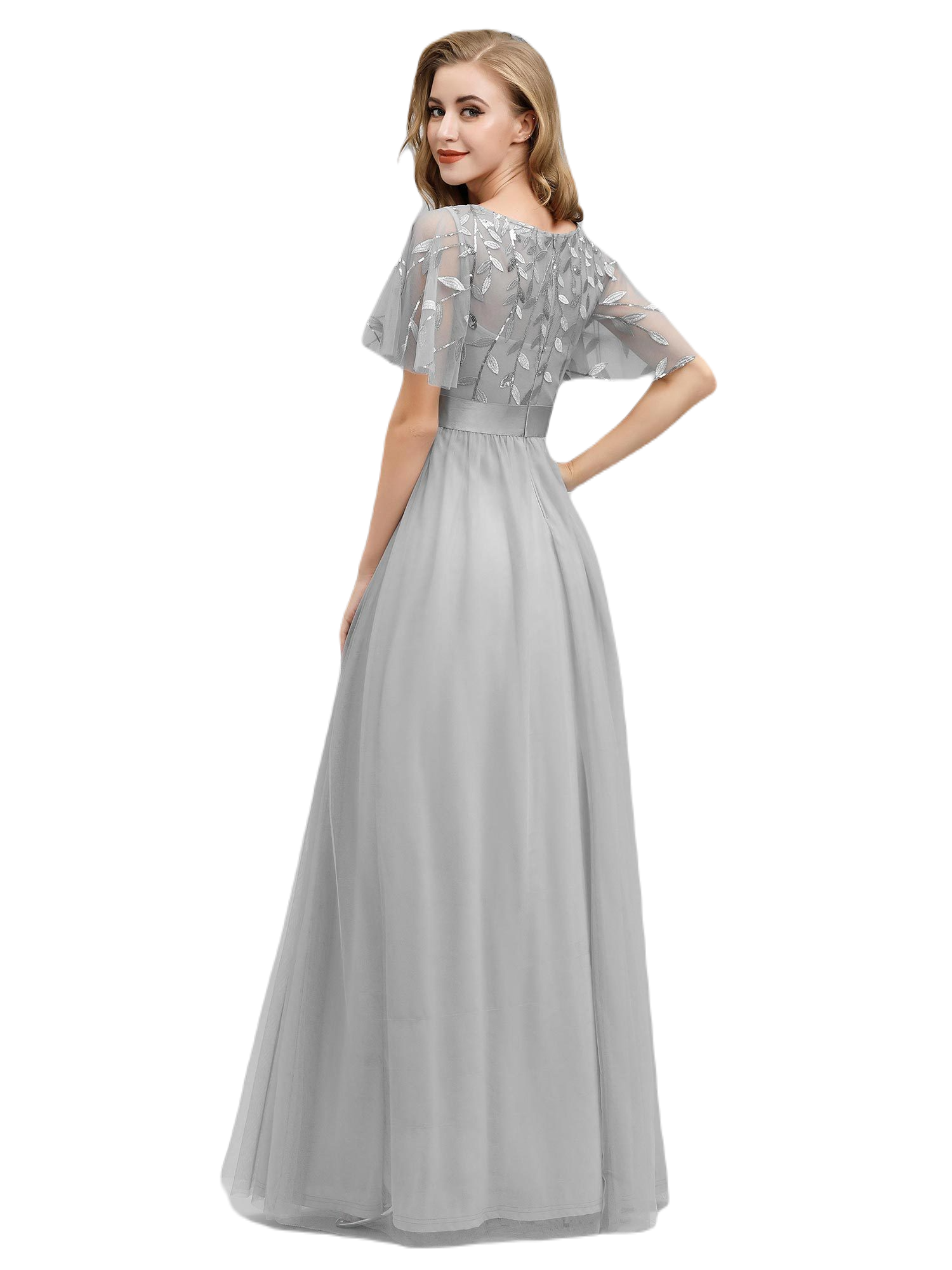 Vestido Elegante de Fiesta Largo Curvy Gris Plata Cuello Redondo Hojitas Detalles c/Lentejuela Manga Amplia T Ch a Talla Extra