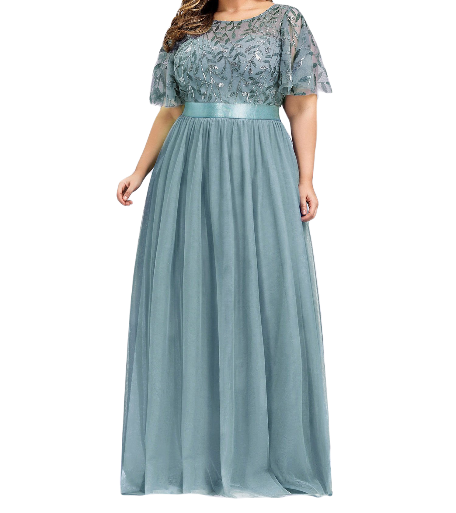 Vestido Elegante de Fiesta Largo Curvy Turquesa Dusty Cuello Redondo Hojitas Detalles c/Lentejuela Manga Amplia T Ch a Talla Extra