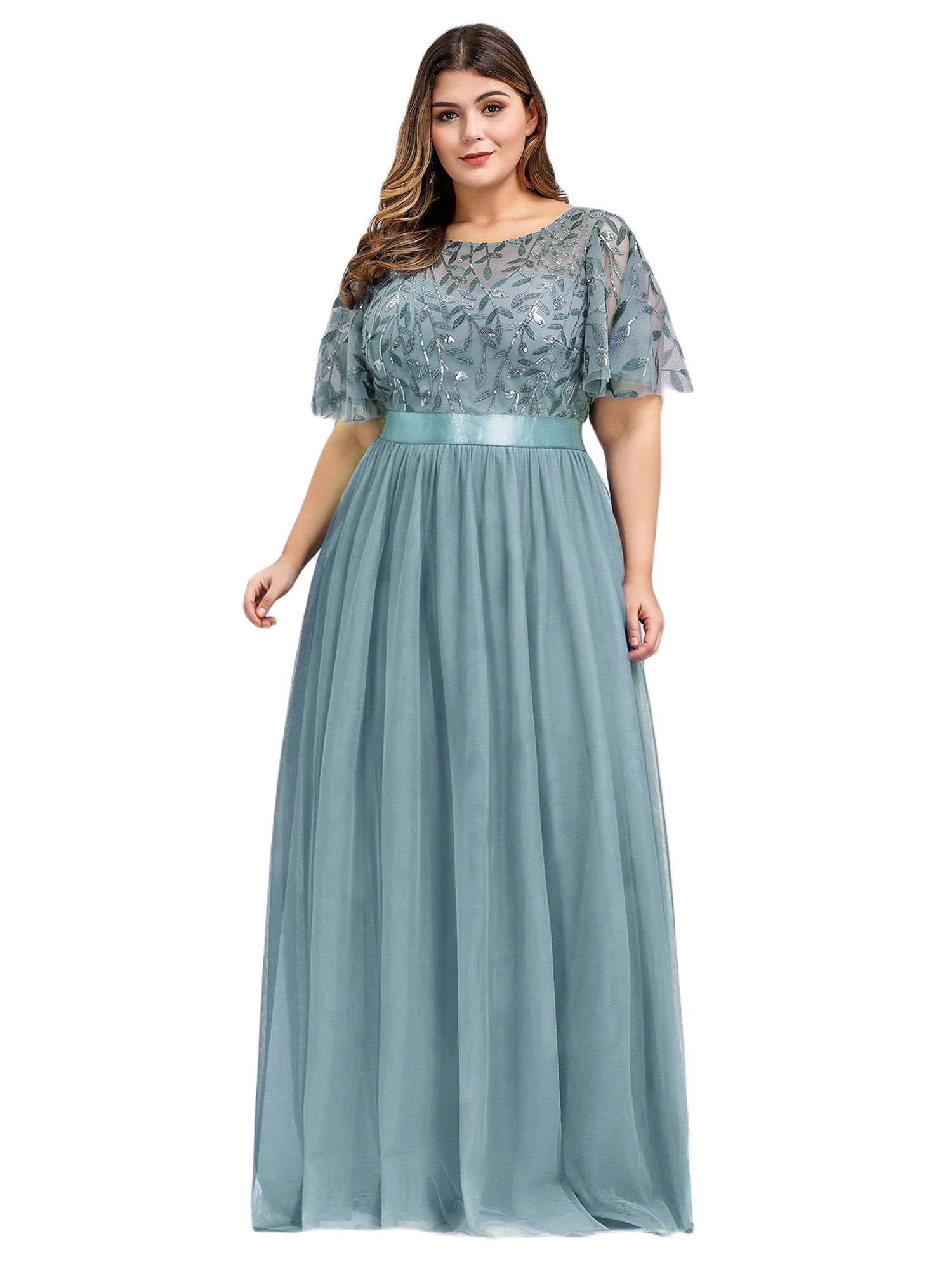 Vestido Elegante de Fiesta Largo Curvy Turquesa Dusty Cuello Redondo Hojitas Detalles c/Lentejuela Manga Amplia T Ch a Talla Extra