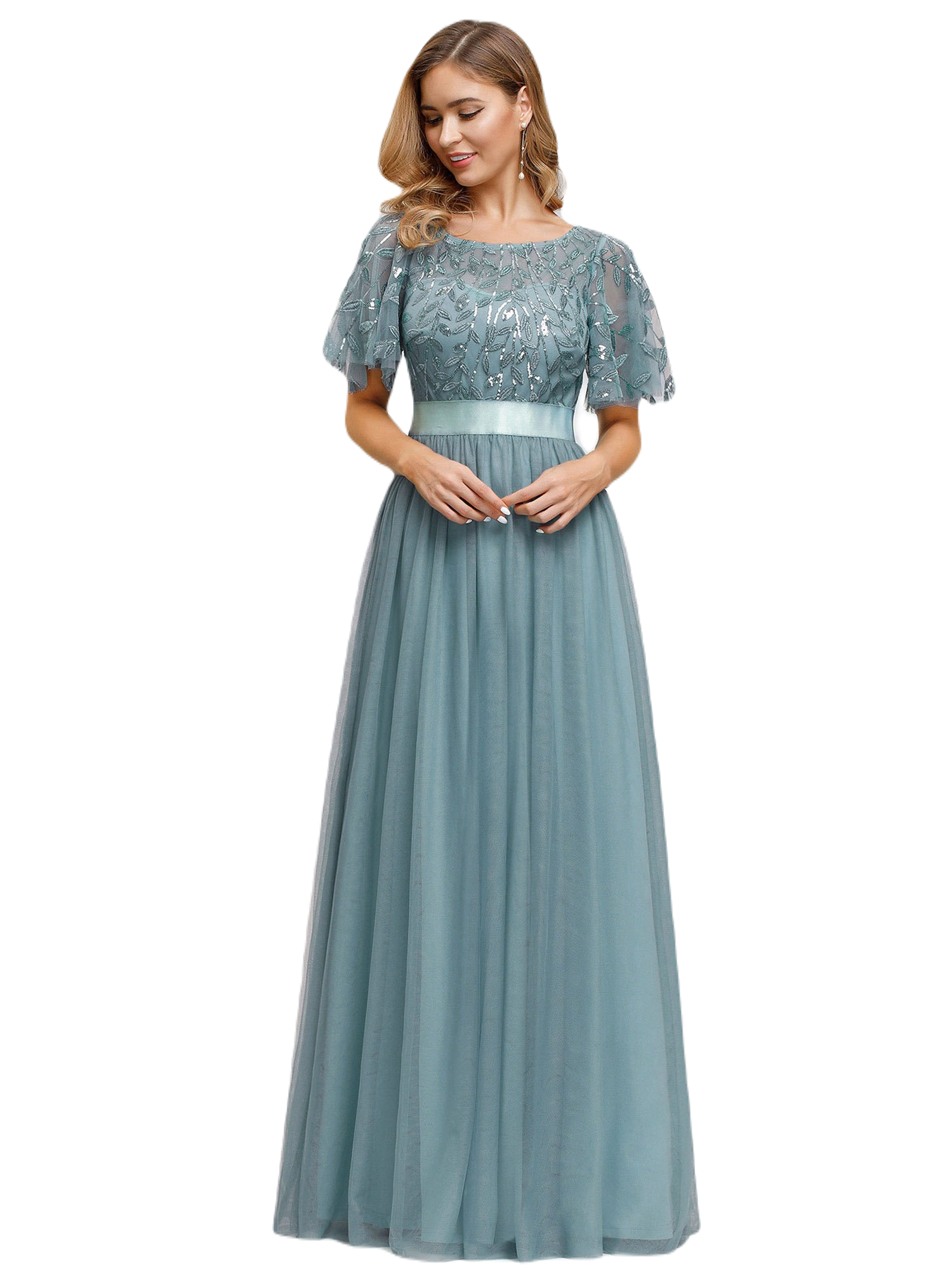 Vestido Elegante de Fiesta Largo Curvy Turquesa Dusty Cuello Redondo Hojitas Detalles c/Lentejuela Manga Amplia T Ch a Talla Extra