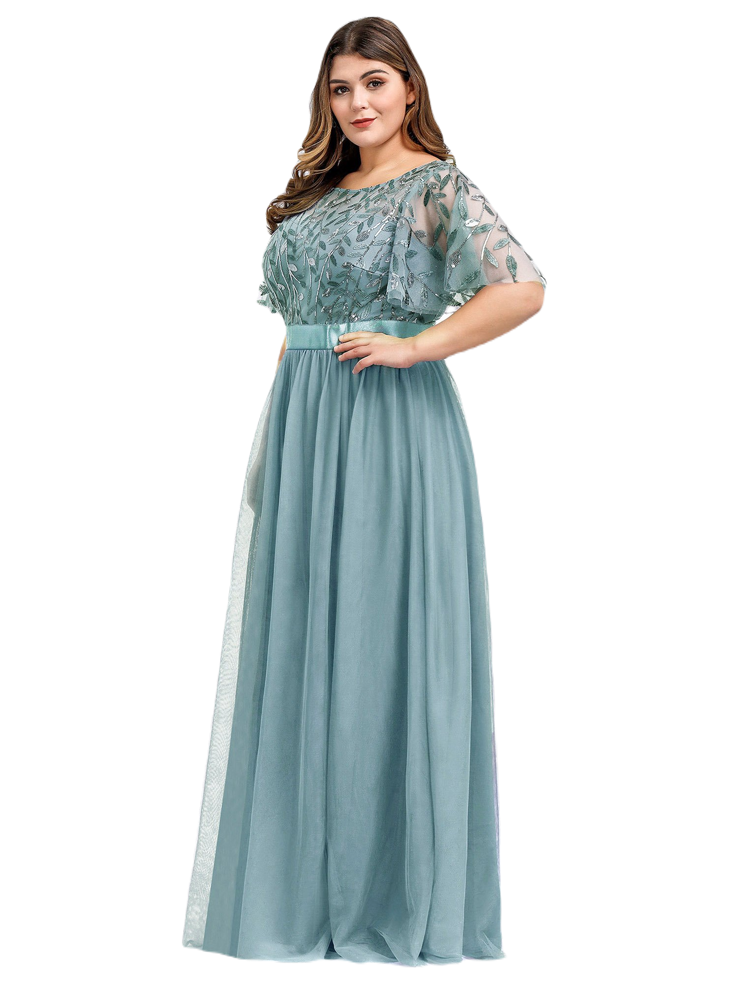 Vestido Elegante de Fiesta Largo Curvy Turquesa Dusty Cuello Redondo Hojitas Detalles c/Lentejuela Manga Amplia T Ch a Talla Extra