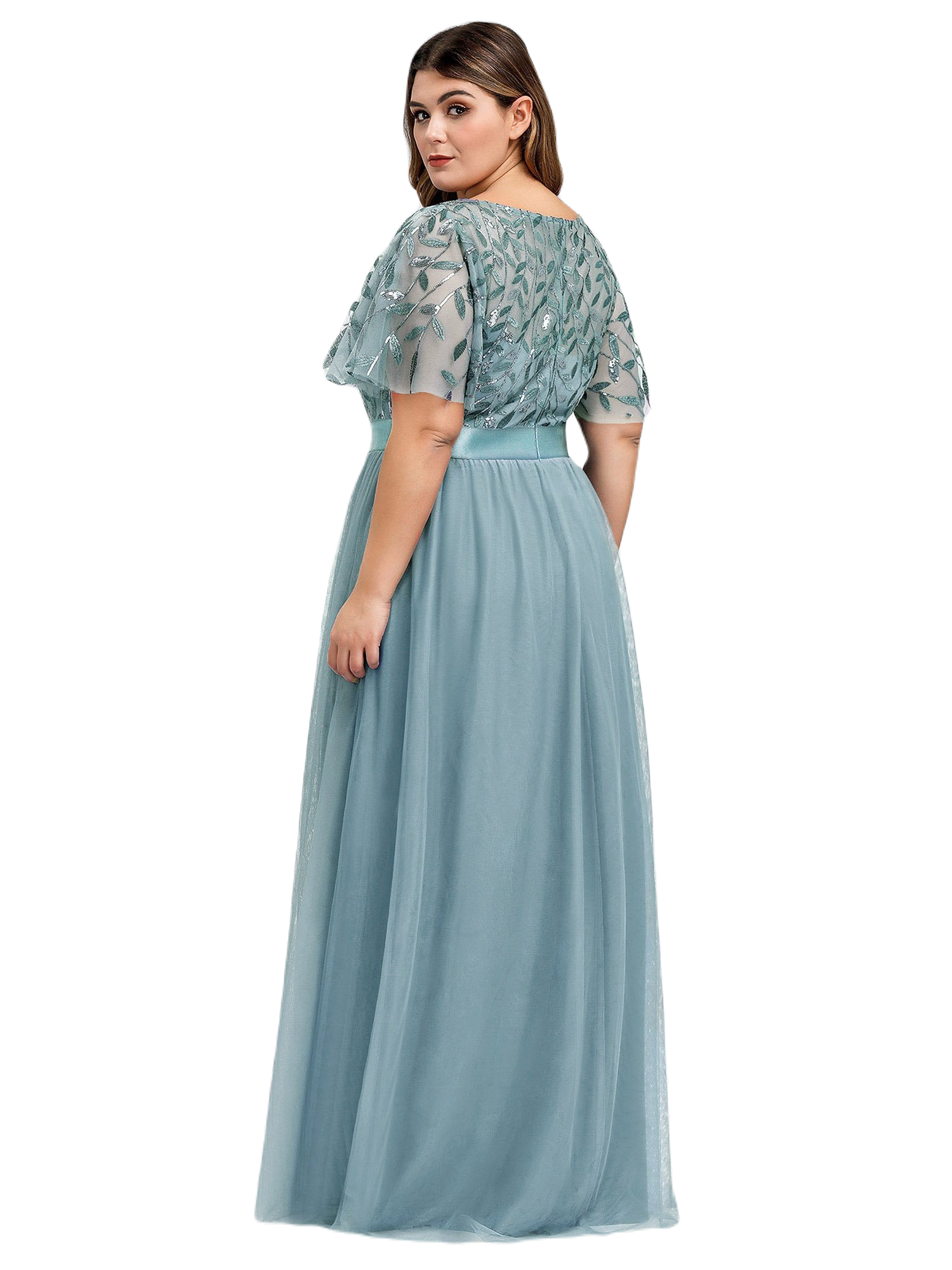 Vestido Elegante de Fiesta Largo Curvy Turquesa Dusty Cuello Redondo Hojitas Detalles c/Lentejuela Manga Amplia T Ch a Talla Extra