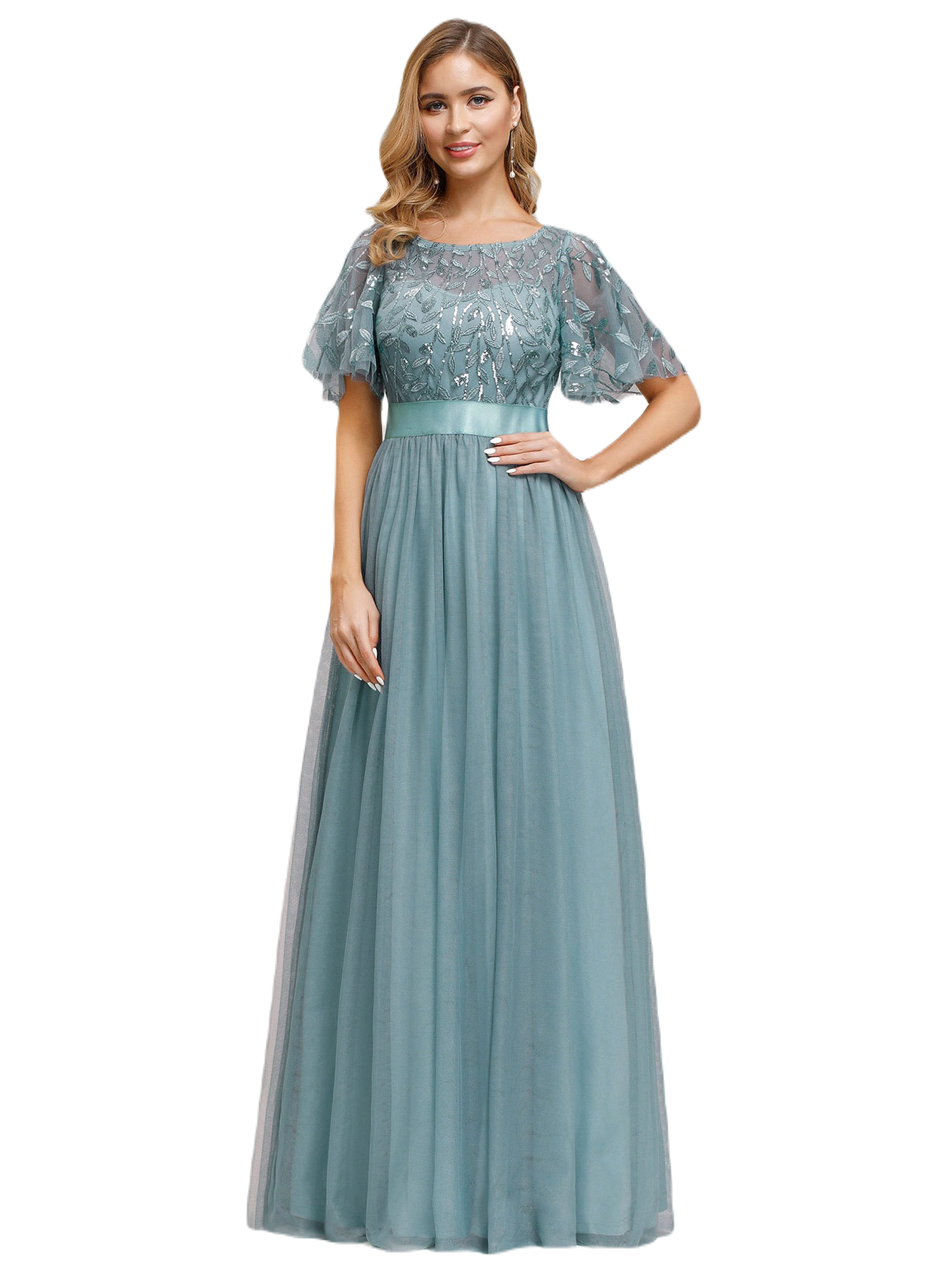 Vestido Elegante de Fiesta Largo Curvy Turquesa Dusty Cuello Redondo Hojitas Detalles c/Lentejuela Manga Amplia T Ch a Talla Extra