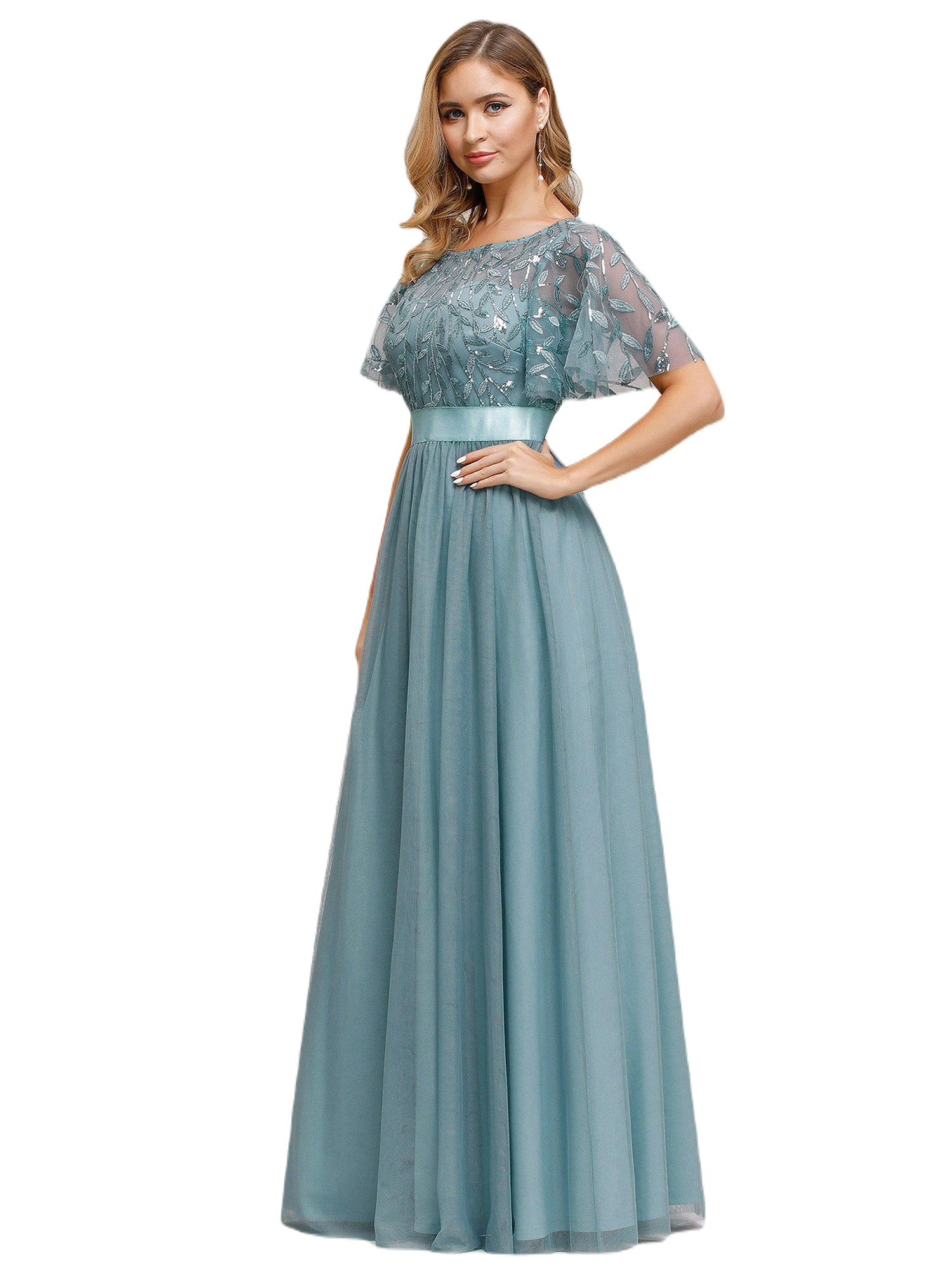 Vestido Elegante de Fiesta Largo Curvy Turquesa Dusty Cuello Redondo Hojitas Detalles c/Lentejuela Manga Amplia T Ch a Talla Extra