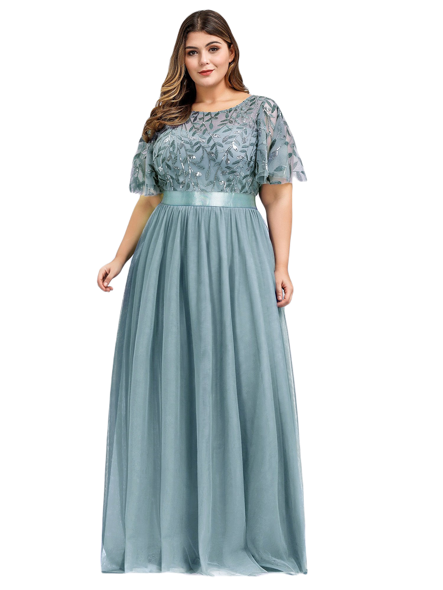 Vestido Elegante de Fiesta Largo Curvy Turquesa Dusty Cuello Redondo Hojitas Detalles c/Lentejuela Manga Amplia T Ch a Talla Extra