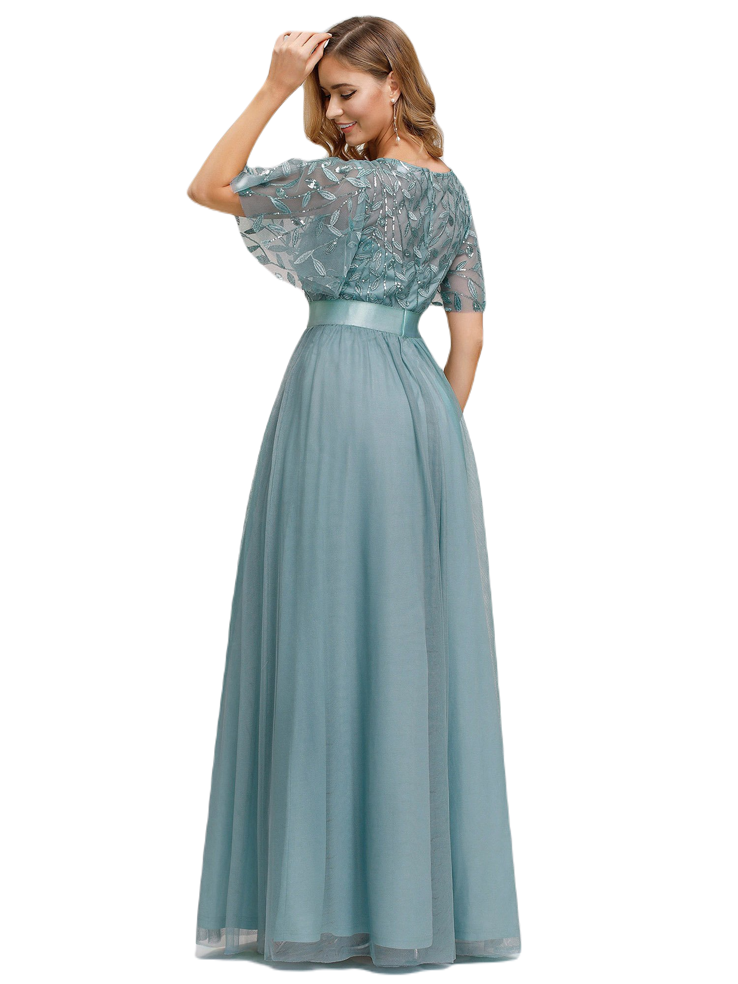 Vestido Elegante de Fiesta Largo Curvy Turquesa Dusty Cuello Redondo Hojitas Detalles c/Lentejuela Manga Amplia T Ch a Talla Extra