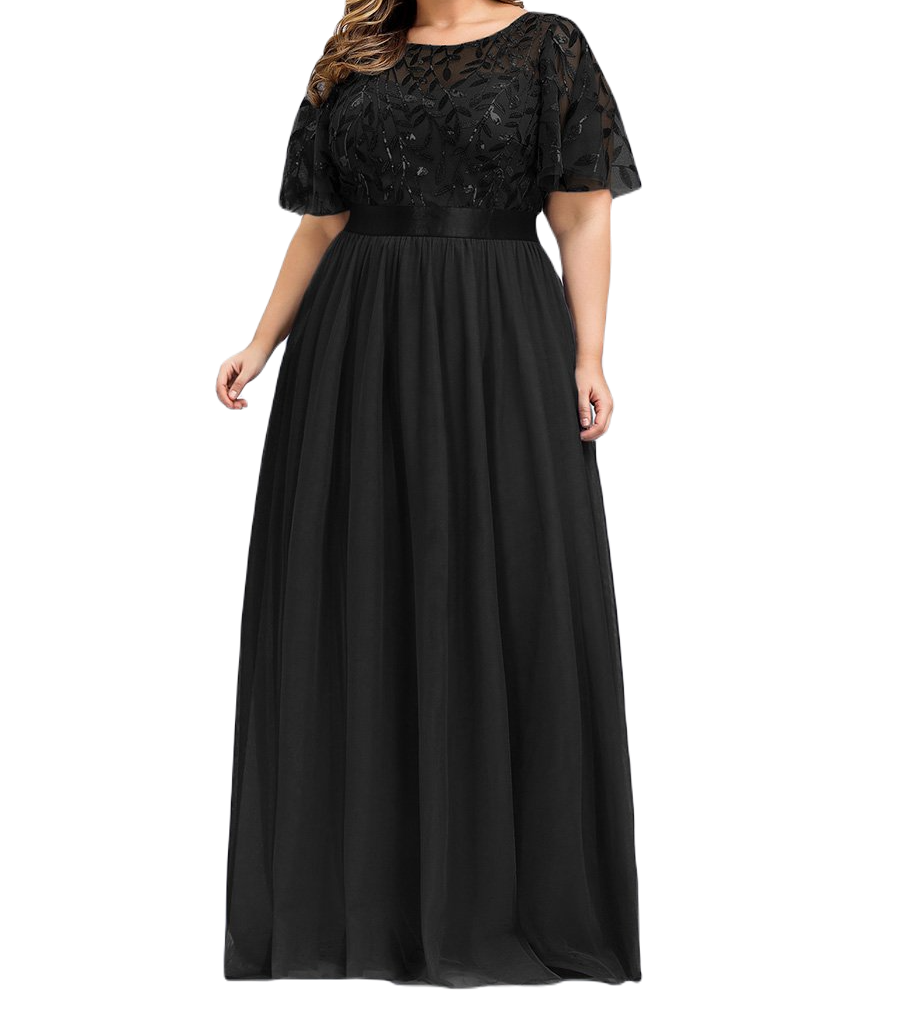 Vestido Elegante de Fiesta Largo Curvy Negro Cuello Redondo Hojitas Detalles c/Lentejuela Manga Amplia T Ch a Talla Extra