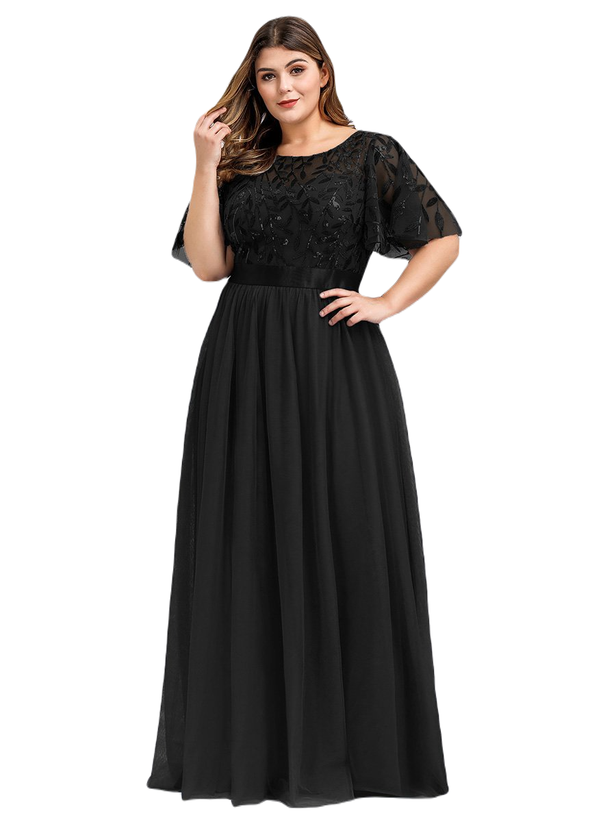 Vestido Elegante de Fiesta Largo Curvy Negro Cuello Redondo Hojitas Detalles c/Lentejuela Manga Amplia T Ch a Talla Extra