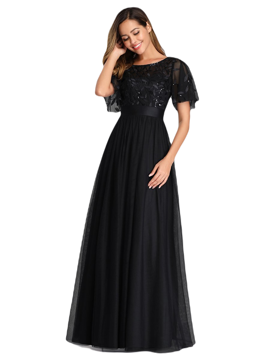 Vestido Elegante de Fiesta Largo Curvy Negro Cuello Redondo Hojitas Detalles c/Lentejuela Manga Amplia T Ch a Talla Extra