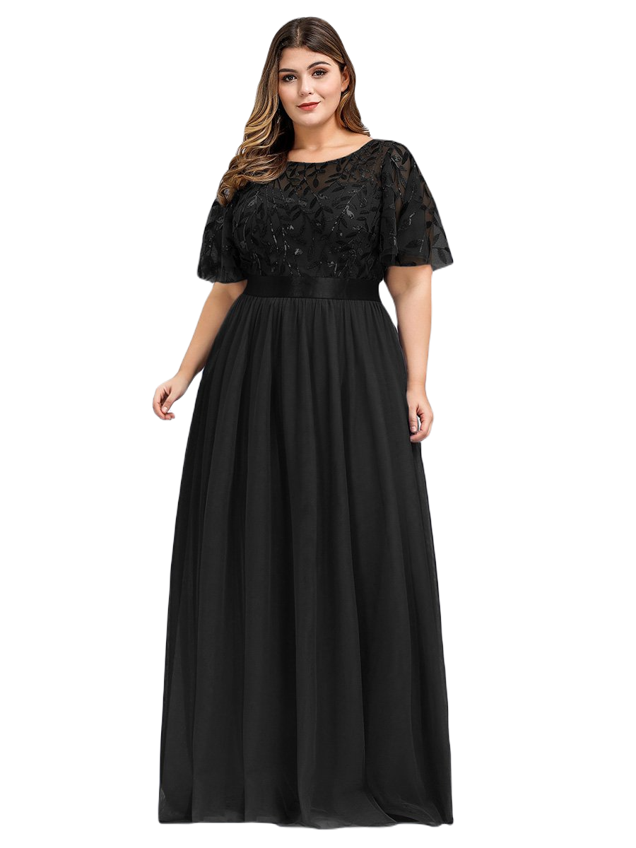 Vestido Elegante de Fiesta Largo Curvy Negro Cuello Redondo Hojitas Detalles c/Lentejuela Manga Amplia T Ch a Talla Extra