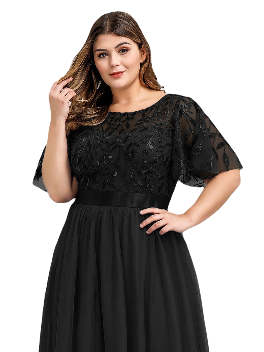 Vestido Elegante de Fiesta Largo Curvy Negro Cuello Redondo Hojitas Detalles c/Lentejuela Manga Amplia T Ch a Talla Extra
