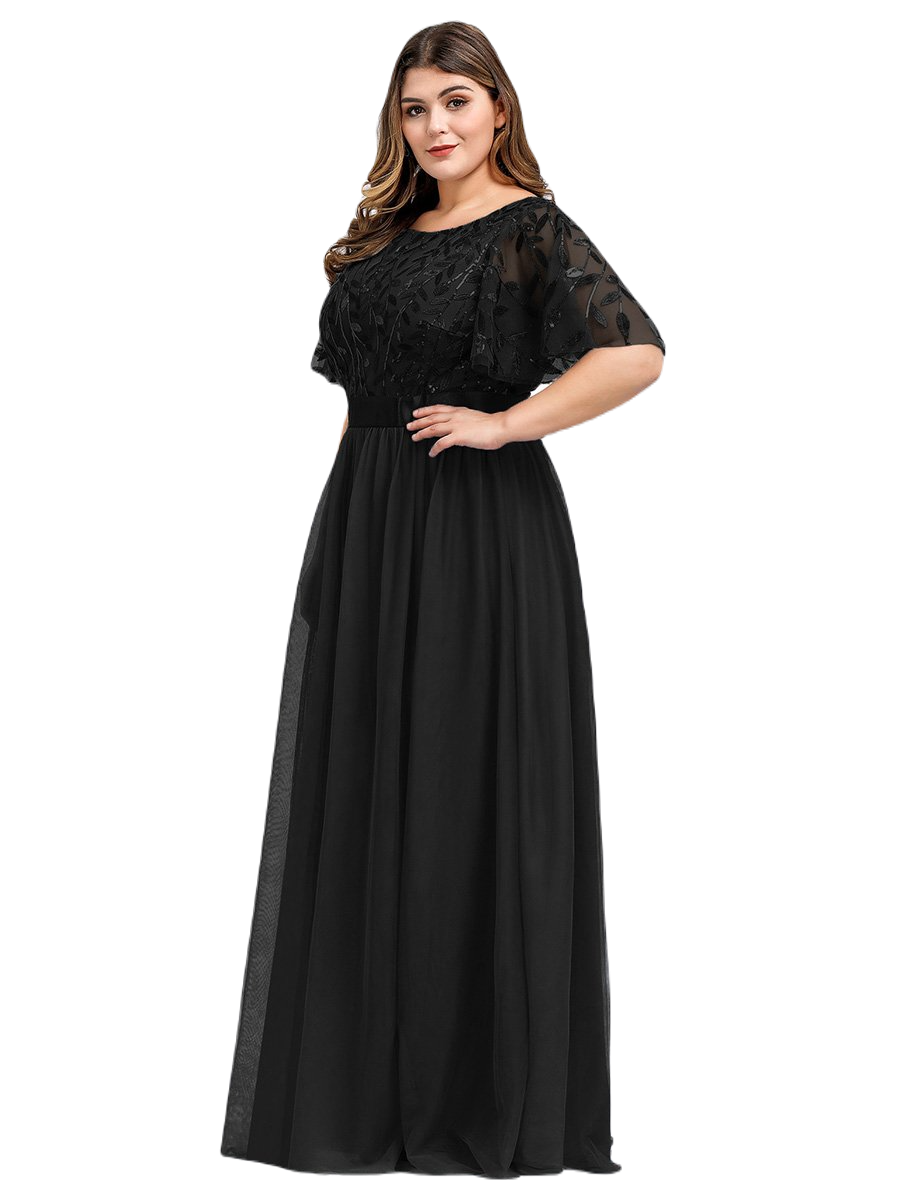 Vestido Elegante de Fiesta Largo Curvy Negro Cuello Redondo Hojitas Detalles c/Lentejuela Manga Amplia T Ch a Talla Extra
