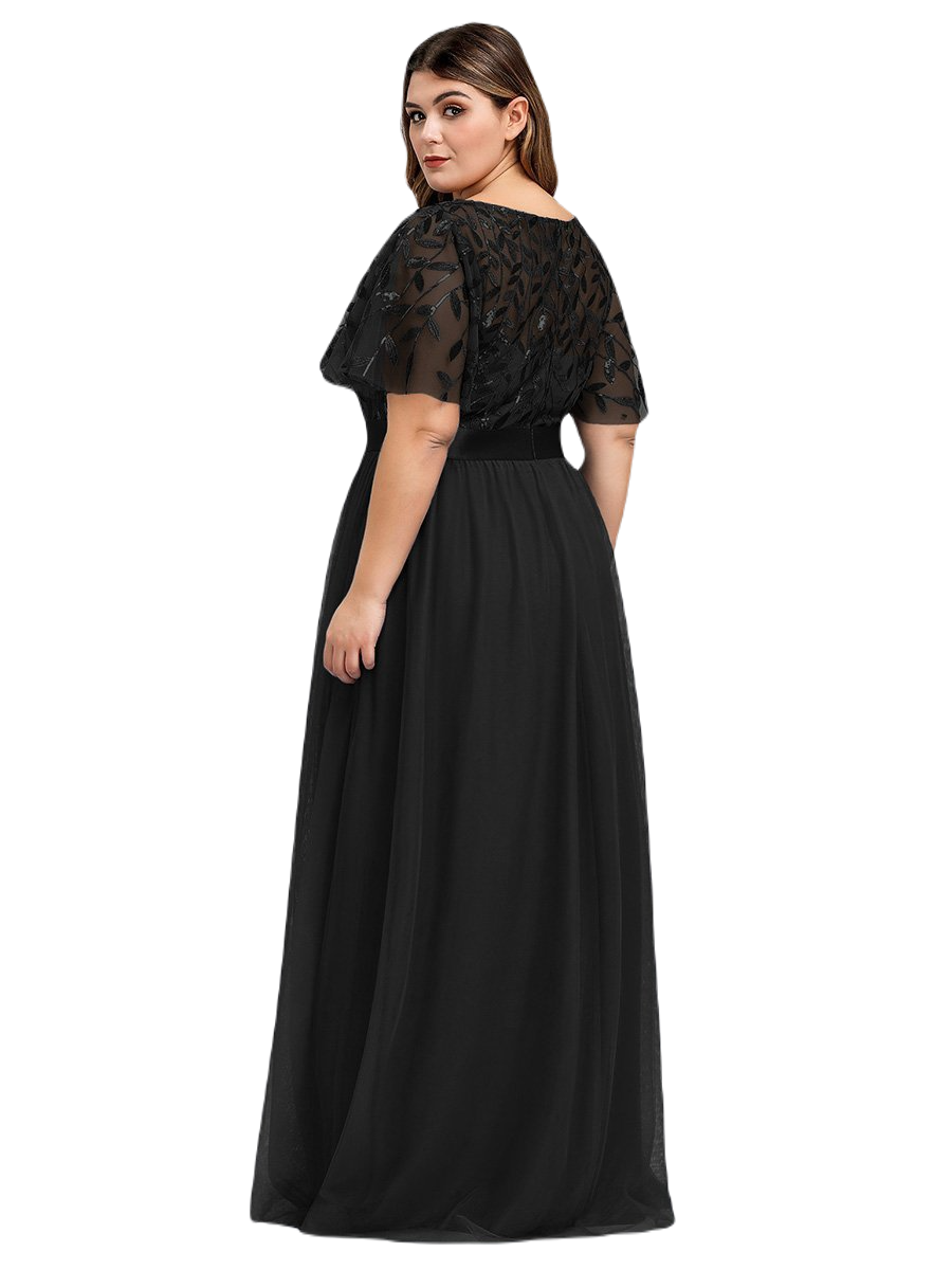 Vestido Elegante de Fiesta Largo Curvy Negro Cuello Redondo Hojitas Detalles c/Lentejuela Manga Amplia T Ch a Talla Extra