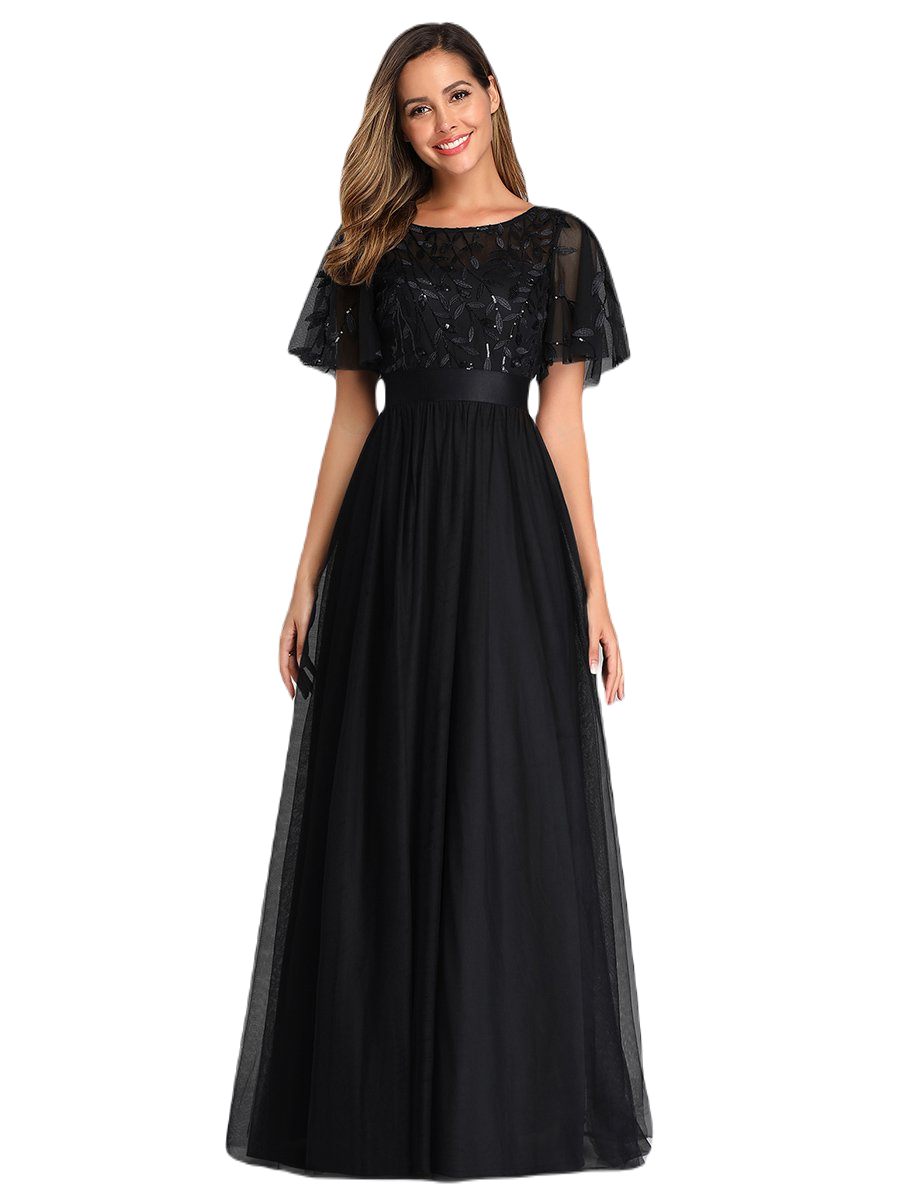 Vestido Elegante de Fiesta Largo Curvy Negro Cuello Redondo Hojitas Detalles c/Lentejuela Manga Amplia T Ch a Talla Extra