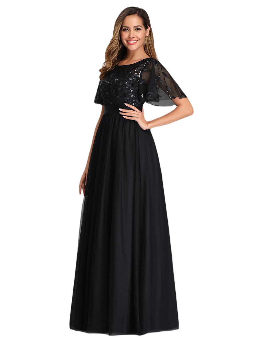 Vestido Elegante de Fiesta Largo Curvy Negro Cuello Redondo Hojitas Detalles c/Lentejuela Manga Amplia T Ch a Talla Extra