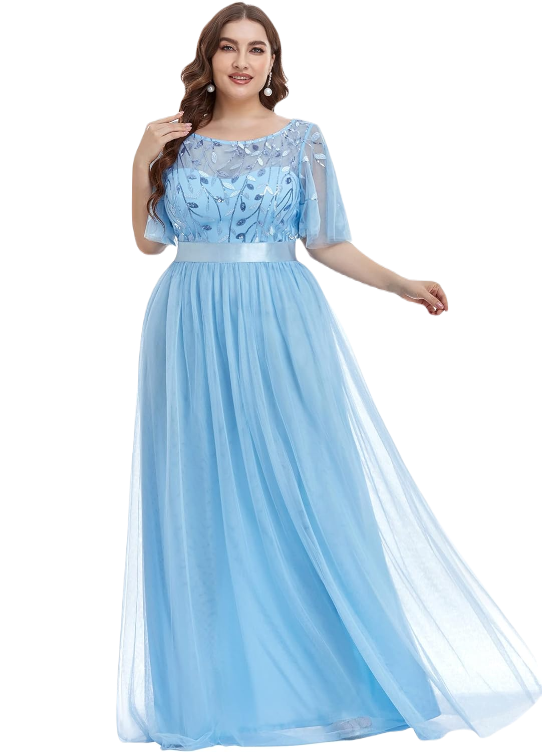 Vestido Elegante de Fiesta Largo Curvy Azul Cielo Celeste Cuello Redondo Hojitas Detalles c/Lentejuela Manga Amplia T Ch a Talla Extra