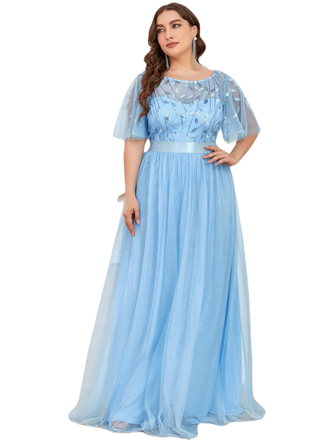 Vestido Elegante de Fiesta Largo Curvy Azul Cielo Celeste Cuello Redondo Hojitas Detalles c/Lentejuela Manga Amplia T Ch a Talla Extra