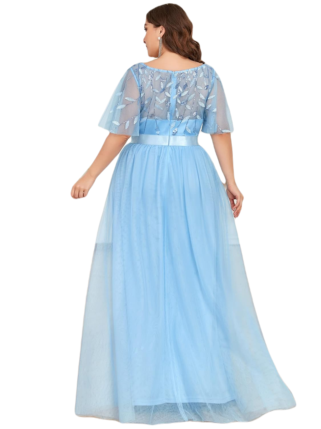 Vestido Elegante de Fiesta Largo Curvy Azul Cielo Celeste Cuello Redondo Hojitas Detalles c/Lentejuela Manga Amplia T Ch a Talla Extra