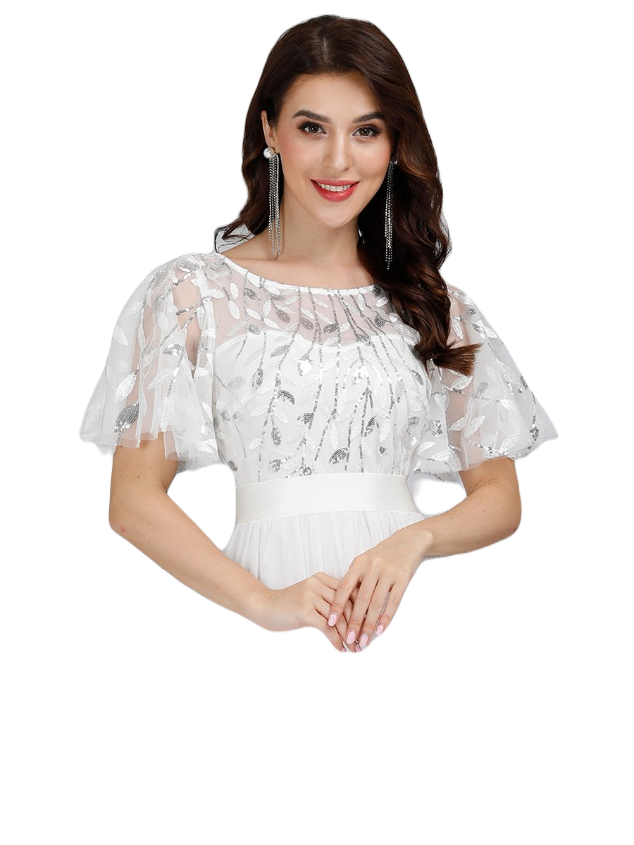 Vestido Elegante de Fiesta Largo Curvy Blanco Novia o Civil Cuello Redondo Hojitas Detalles c/Lentejuela Manga Amplia T Ch a Talla Extra