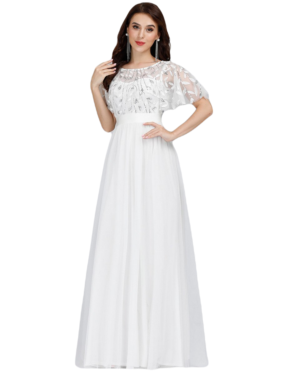 Vestido Elegante de Fiesta Largo Curvy Blanco Novia o Civil Cuello Redondo Hojitas Detalles c/Lentejuela Manga Amplia T Ch a Talla Extra