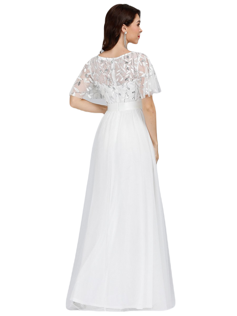 Vestido Elegante de Fiesta Largo Curvy Blanco Novia o Civil Cuello Redondo Hojitas Detalles c/Lentejuela Manga Amplia T Ch a Talla Extra