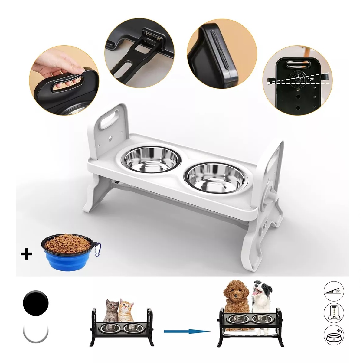 Comedero Elevado Para Perro Gatos Mascotas, Plato Plegable Lechoso