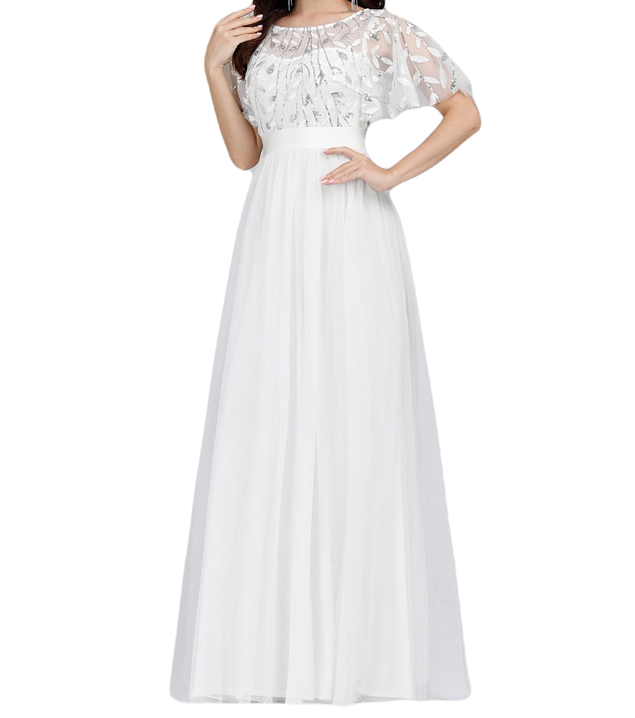Vestido Elegante de Fiesta Largo Curvy Blanco Novia o Civil Cuello Redondo Hojitas Detalles c/Lentejuela Manga Amplia T Ch a Talla Extra