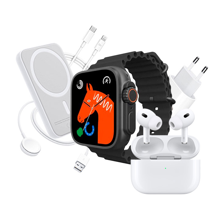 Combo X8 8 en 1 Smartwatch + Audífonos + varios Accesorios NEGRO