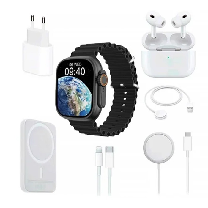 Combo X8 8 en 1 Smartwatch + Audífonos + varios Accesorios NEGRO