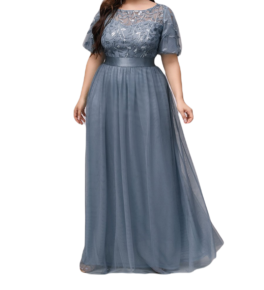 Vestido Elegante de Fiesta Largo Curvy Azul Acero Cuello Redondo Hojitas Detalles c/Lentejuela Manga Amplia T Ch a Talla Extra