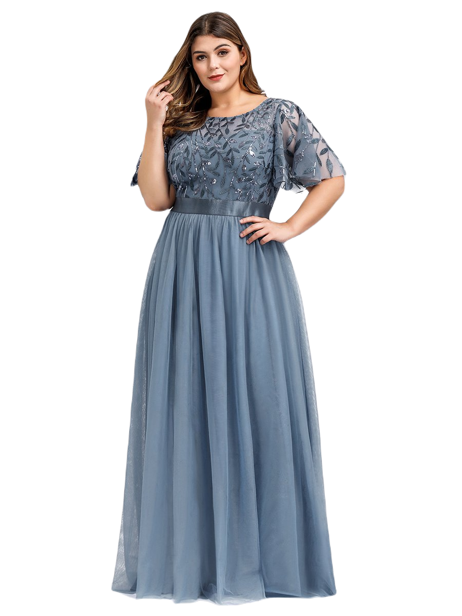 Vestido Elegante de Fiesta Largo Curvy Azul Acero Cuello Redondo Hojitas Detalles c/Lentejuela Manga Amplia T Ch a Talla Extra
