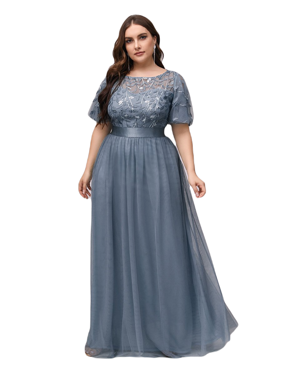 Vestido Elegante de Fiesta Largo Curvy Azul Acero Cuello Redondo Hojitas Detalles c/Lentejuela Manga Amplia T Ch a Talla Extra