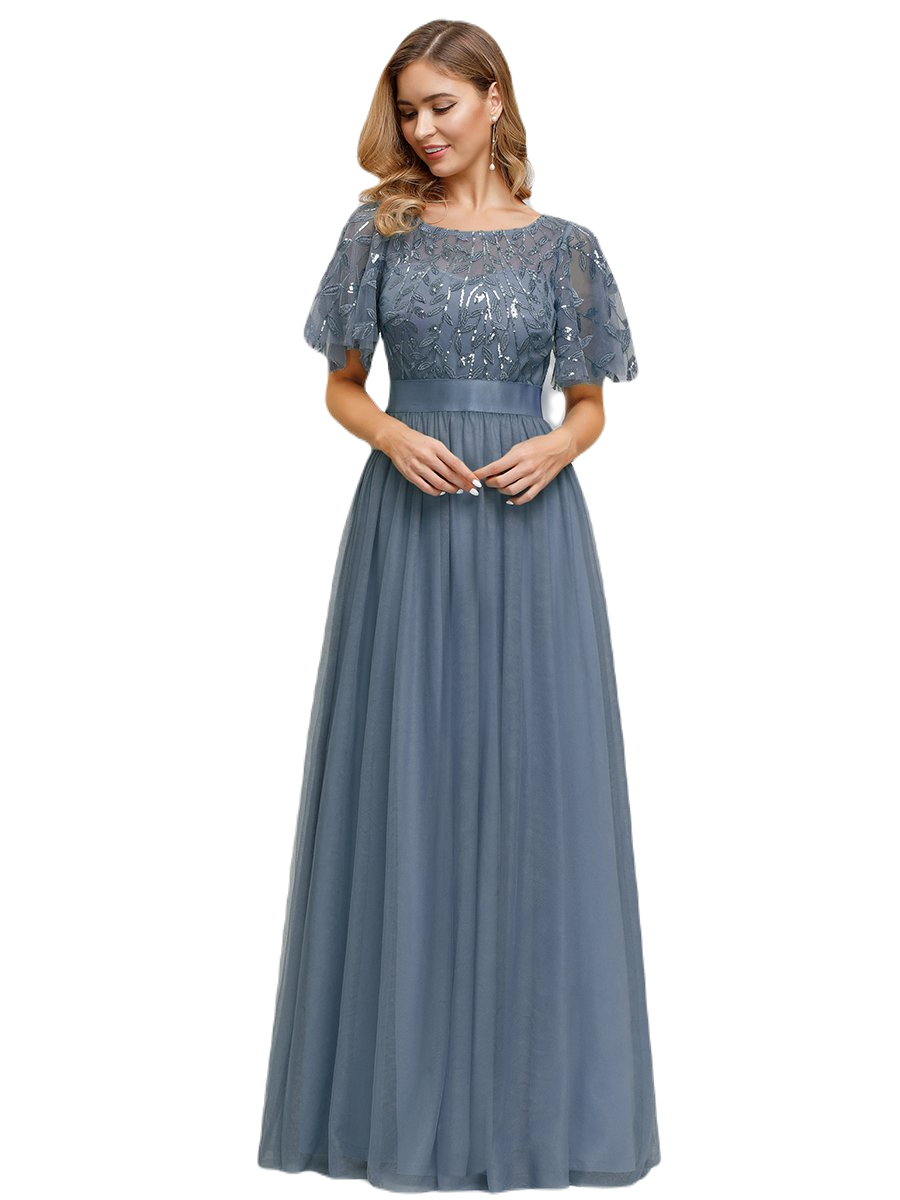 Vestido Elegante de Fiesta Largo Curvy Azul Acero Cuello Redondo Hojitas Detalles c/Lentejuela Manga Amplia T Ch a Talla Extra