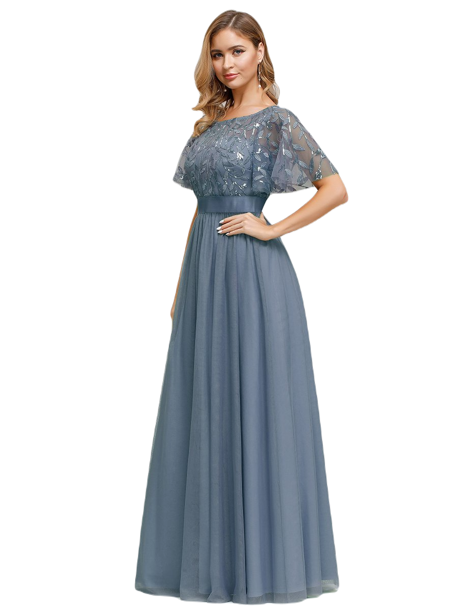 Vestido Elegante de Fiesta Largo Curvy Azul Acero Cuello Redondo Hojitas Detalles c/Lentejuela Manga Amplia T Ch a Talla Extra