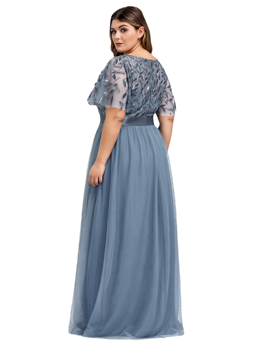Vestido Elegante de Fiesta Largo Curvy Azul Acero Cuello Redondo Hojitas Detalles c/Lentejuela Manga Amplia T Ch a Talla Extra