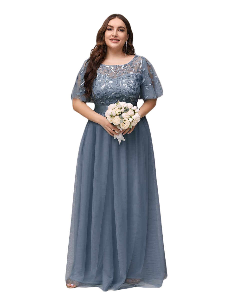 Vestido Elegante de Fiesta Largo Curvy Azul Acero Cuello Redondo Hojitas Detalles c/Lentejuela Manga Amplia T Ch a Talla Extra