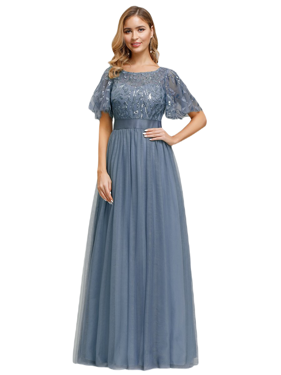 Vestido Elegante de Fiesta Largo Curvy Azul Acero Cuello Redondo Hojitas Detalles c/Lentejuela Manga Amplia T Ch a Talla Extra