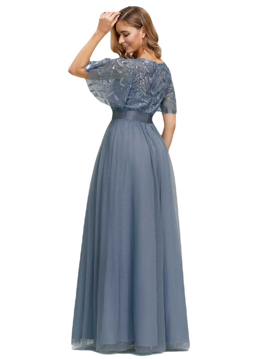Vestido Elegante de Fiesta Largo Curvy Azul Acero Cuello Redondo Hojitas Detalles c/Lentejuela Manga Amplia T Ch a Talla Extra