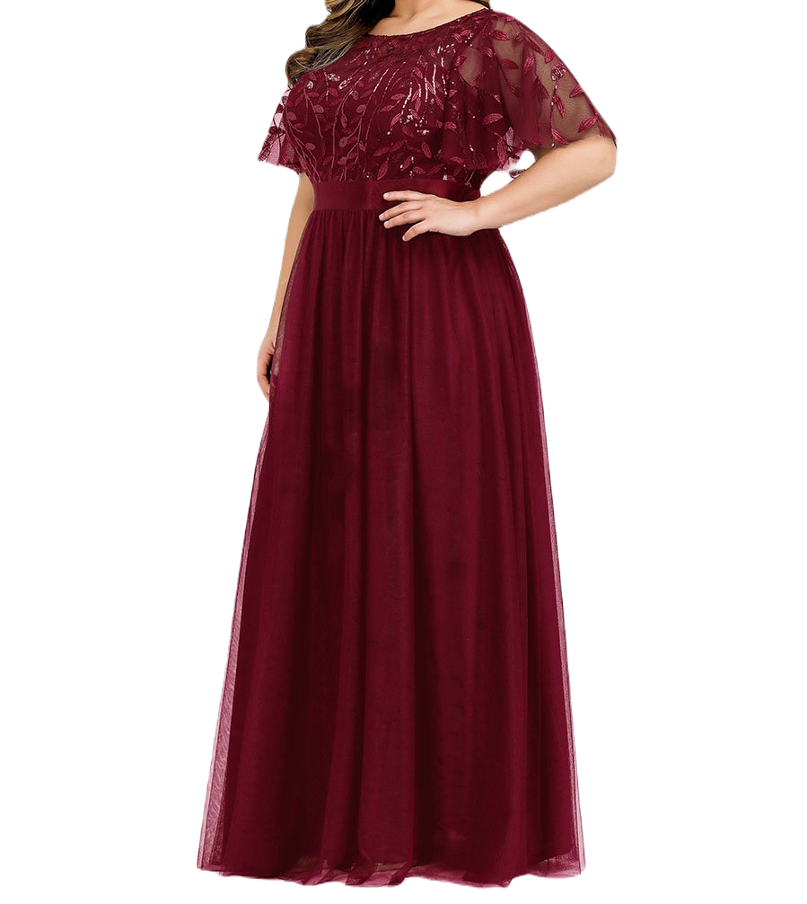 Vestido Elegante de Fiesta Largo Curvy Guinda Vino Cuello Redondo Hojitas Detalles c/Lentejuela Manga Amplia T Ch a Talla Extra
