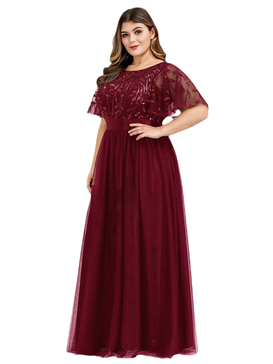 Vestido Elegante de Fiesta Largo Curvy Guinda Vino Cuello Redondo Hojitas Detalles c/Lentejuela Manga Amplia T Ch a Talla Extra