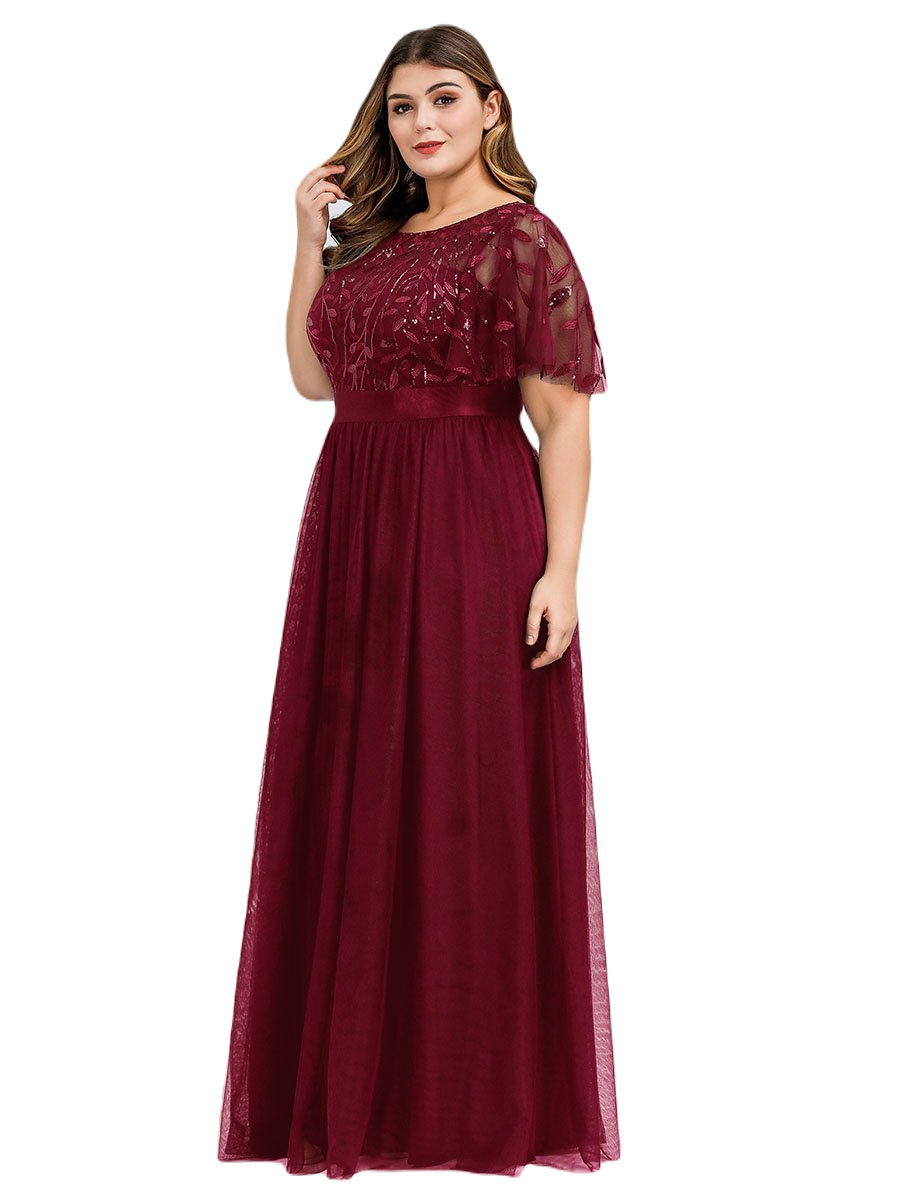 Vestido Elegante de Fiesta Largo Curvy Guinda Vino Cuello Redondo Hojitas Detalles c/Lentejuela Manga Amplia T Ch a Talla Extra